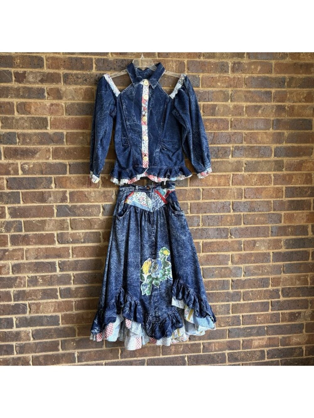 1980s Acid Wash Carreli Denim Applique Patchwork 2 Pc Cold Shoulder Top Skirt XS
